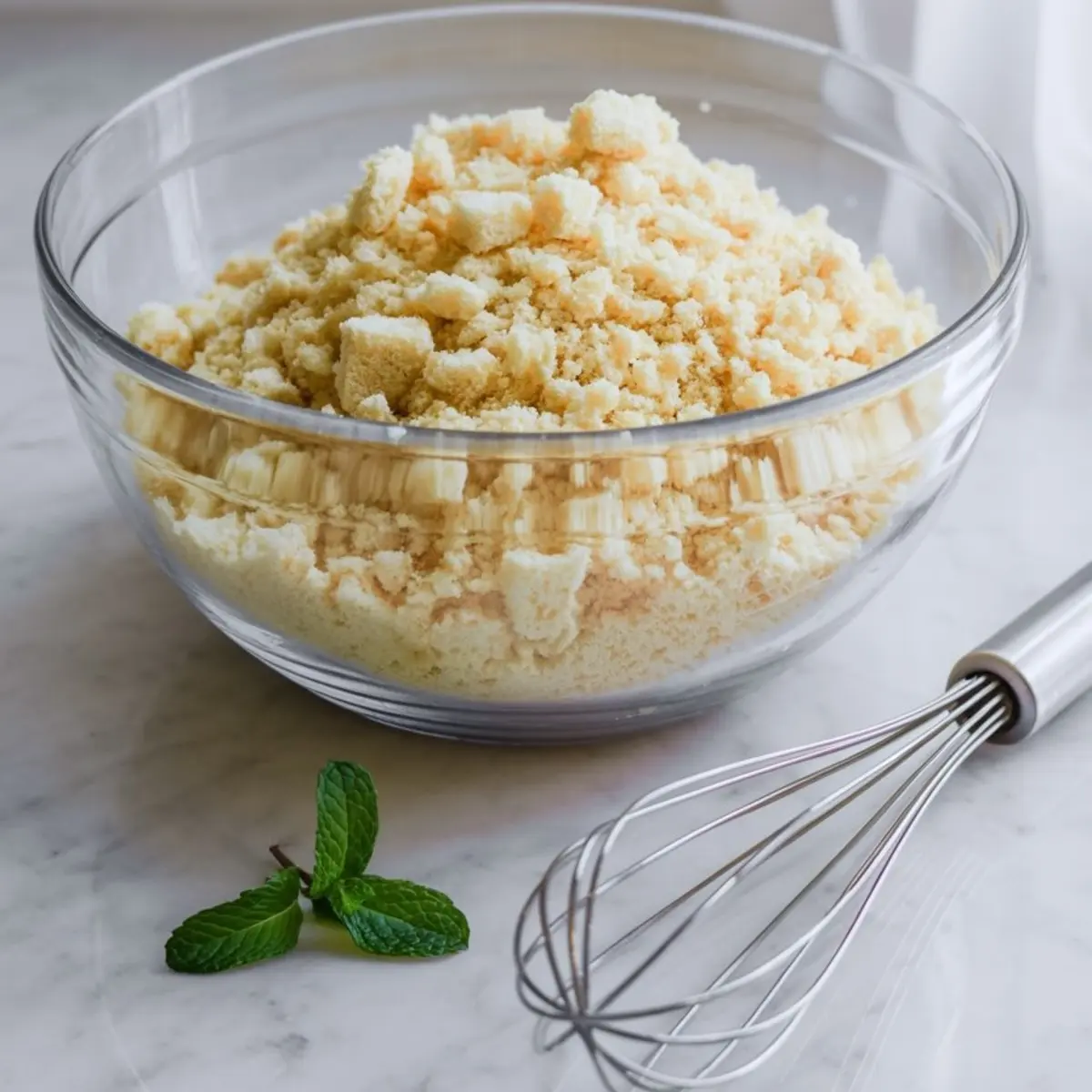 Crumbled vanilla cake in a clear mixing bowl on a marble countertop with a stainless steel whisk and fresh mint leaves beside it.
