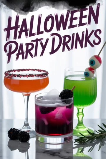 Graphic featuring three Halloween cocktails—orange Blood Moon Margarita, purple Witch’s Brew Punch, and green Ghoul’s Green Elixir—with “Halloween Party Drinks” text.