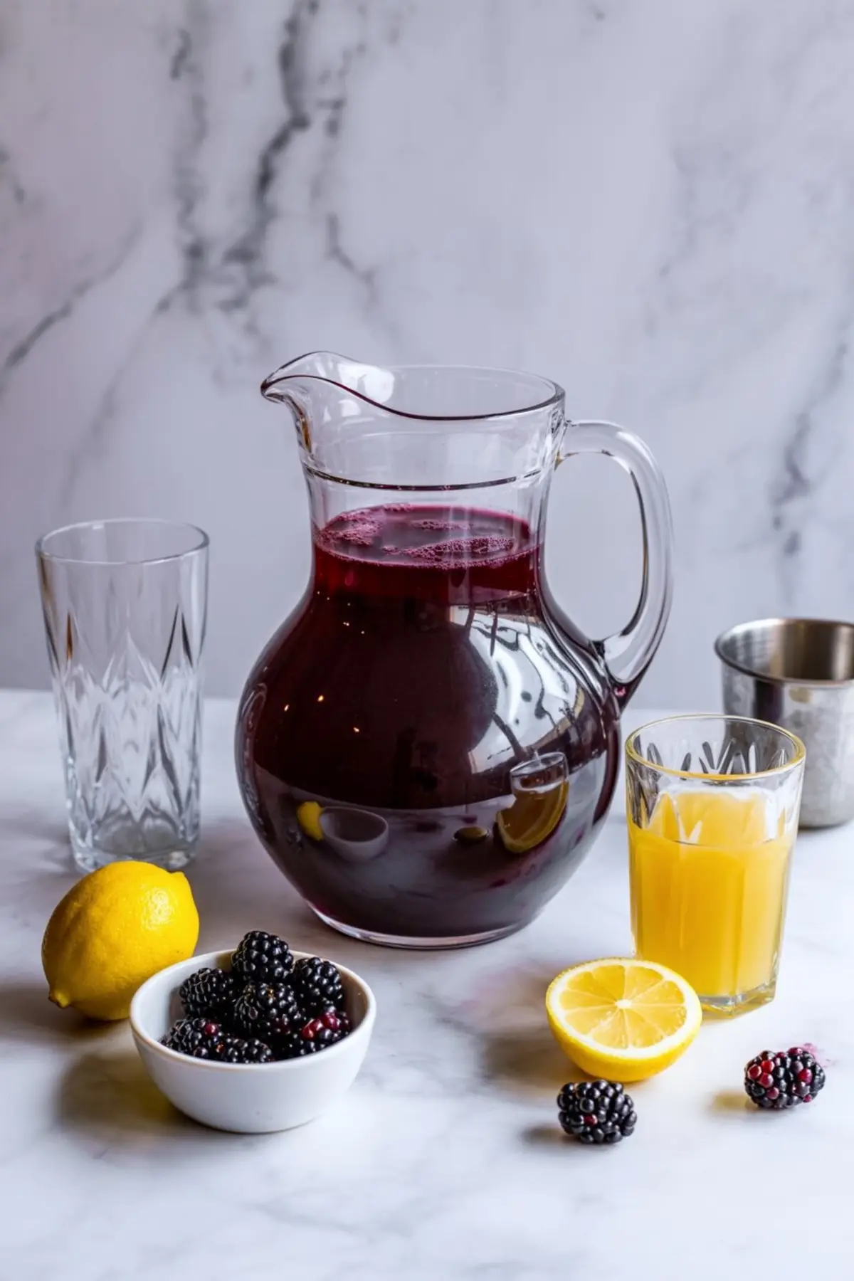 Pitcher of dark purple punch surrounded by lemon, orange juice, blackberries, and empty glasses on a marble countertop for party drink preparation.