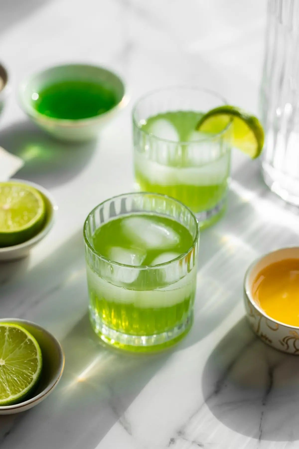 Two glasses of green cocktails with ice and lime wedges, surrounded by bowls of fresh lime and colorful juices, bathed in bright sunlight.