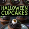 Collage of spooky Halloween cupcakes decorated with swirls of black frosting, candy eyeballs, and green sprinkles, with text overlay reading “Halloween Cupcakes.”