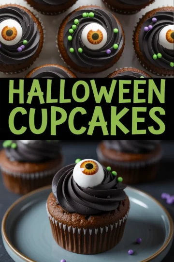 Collage of spooky Halloween cupcakes decorated with swirls of black frosting, candy eyeballs, and green sprinkles, with text overlay reading “Halloween Cupcakes.”