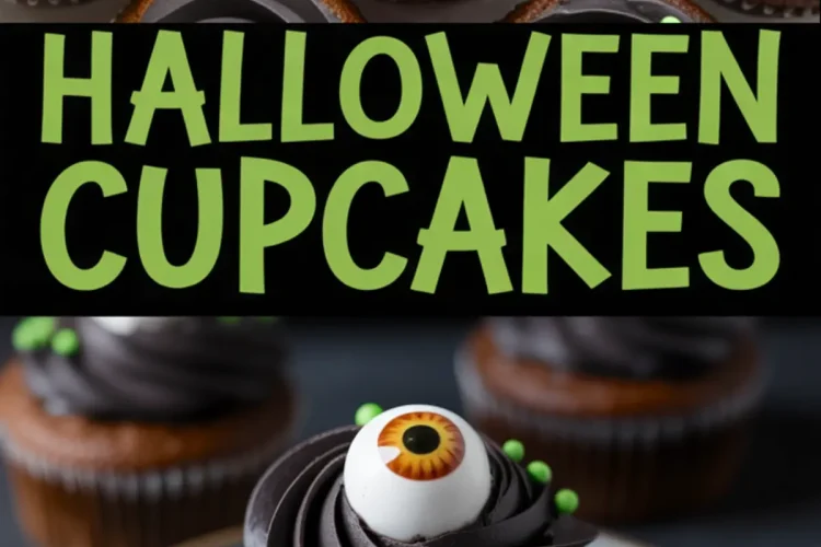 Collage of spooky Halloween cupcakes decorated with swirls of black frosting, candy eyeballs, and green sprinkles, with text overlay reading “Halloween Cupcakes.”