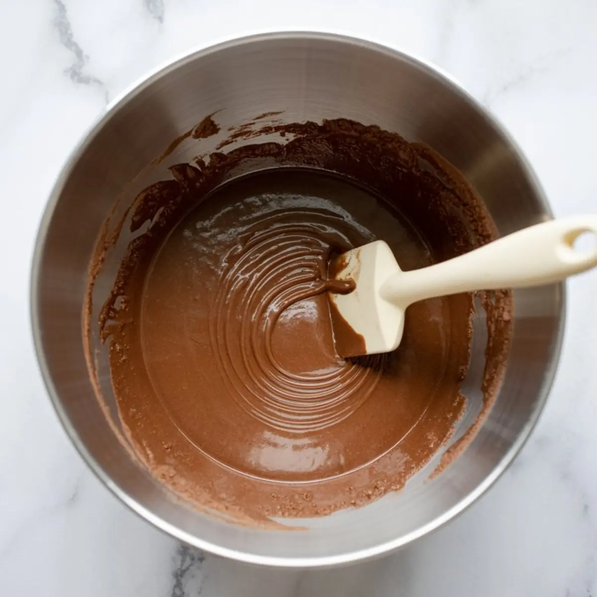 Mixing bowl filled with smooth chocolate cupcake batter and a white spatula resting inside on a marble countertop.