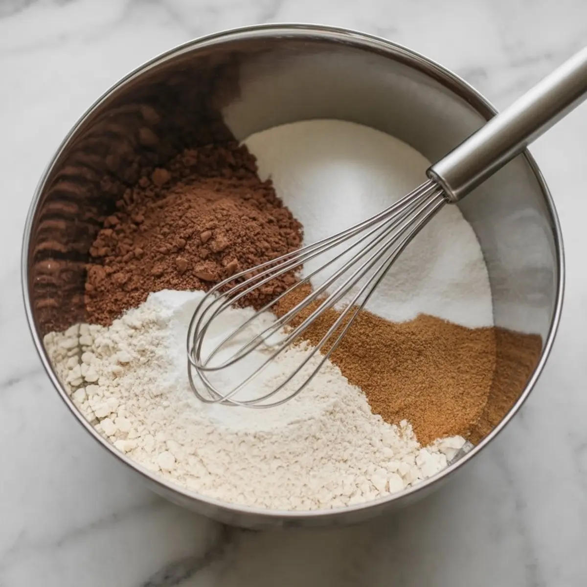 Stainless steel mixing bowl with flour, cocoa powder, brown sugar, and granulated sugar being whisked together for chocolate cupcakes.
