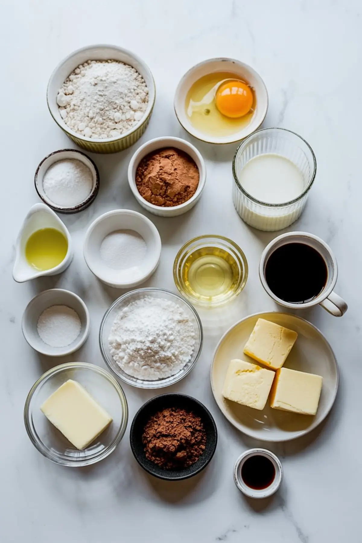 Overhead view of chocolate cupcake ingredients, including flour, sugar, cocoa powder, butter, eggs, milk, coffee, vanilla extract, and baking essentials, arranged on a white marble background.
