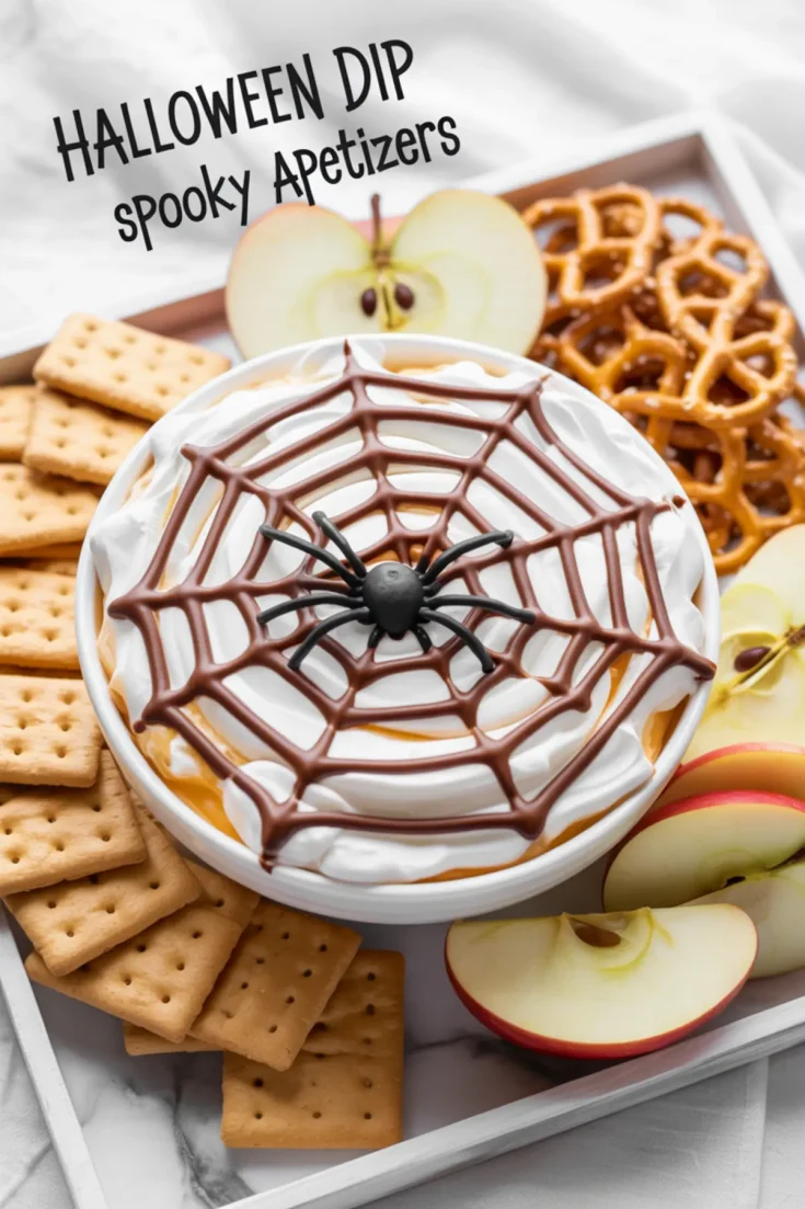 Halloween dessert dip topped with whipped cream, caramel drizzle, and a chocolate spiderweb design, surrounded by apple slices, pretzels, and crackers.