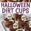 Collage of Halloween dirt pudding cups featuring chocolate cookie crumble, colorful gummy worms, and vanilla cookies labeled “RIP” in dark icing, paired with a spooky-font “HALLOWEEN DIRT CUPS” title.