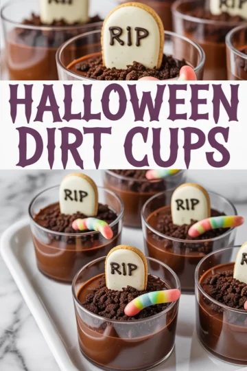 Collage of Halloween dirt pudding cups featuring chocolate cookie crumble, colorful gummy worms, and vanilla cookies labeled “RIP” in dark icing, paired with a spooky-font “HALLOWEEN DIRT CUPS” title.