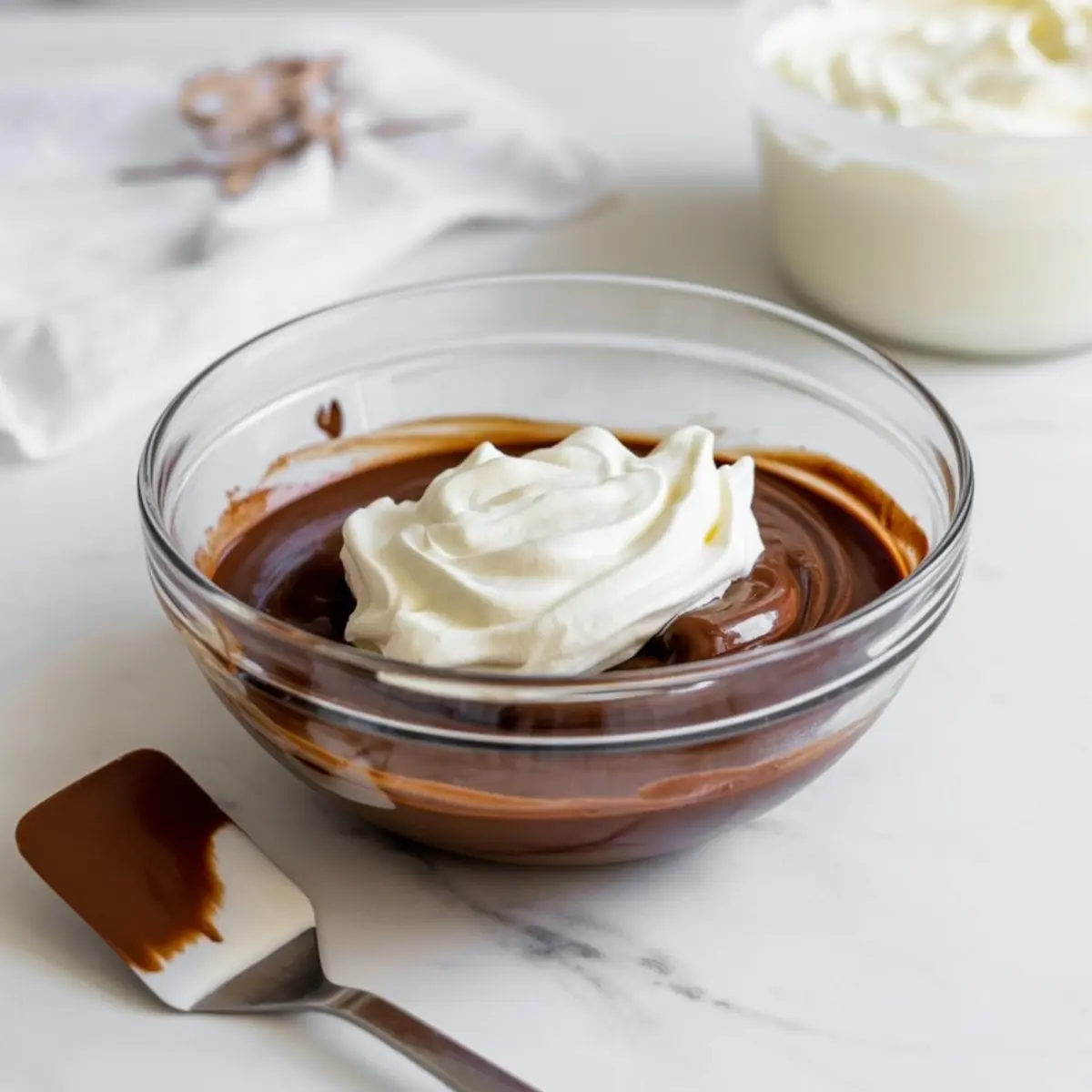 Glass mixing bowl filled with chocolate pudding topped with a dollop of whipped cream, placed next to a metal spatula with chocolate on it and a second bowl of cream in the background.
