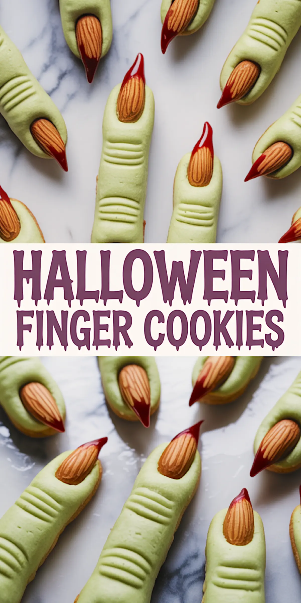 Collage showing Halloween finger cookies shaped like spooky green fingers with almond nails and red icing blood, surrounding bold text that reads “Halloween Finger Cookies.”
