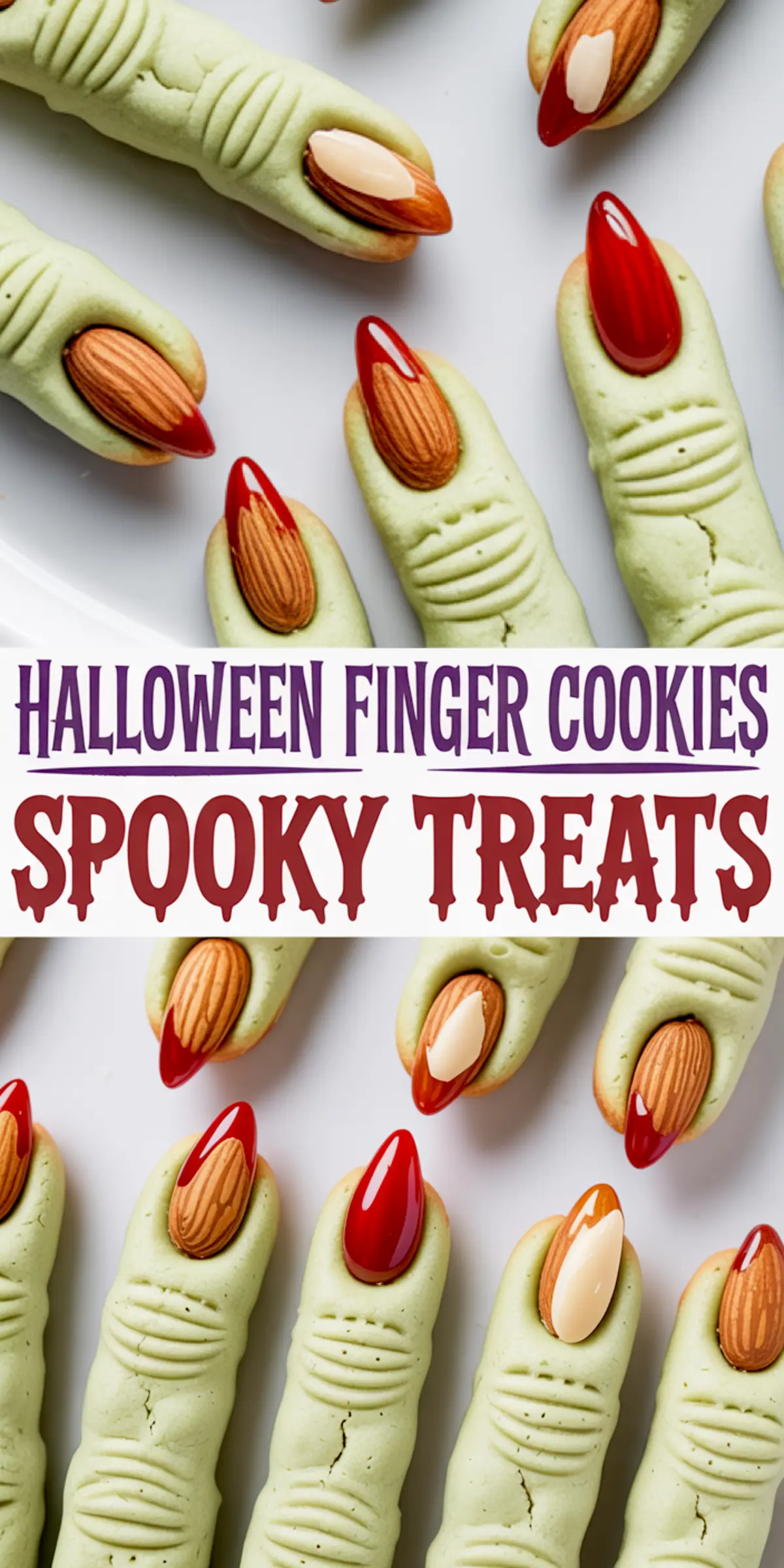 Collage of creepy Halloween finger cookies with red and beige icing on almond nails and green cookie dough shaped into fingers, displayed around the text “Halloween Finger Cookies Spooky Treats.”
