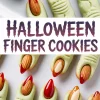 Collage featuring eerie Halloween finger cookies with wrinkled green dough, almond fingernails, and glossy red icing tips, centered around the text “Halloween Finger Cookies.”
