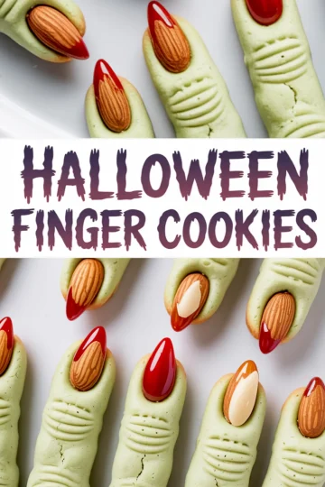 Collage featuring eerie Halloween finger cookies with wrinkled green dough, almond fingernails, and glossy red icing tips, centered around the text “Halloween Finger Cookies.”