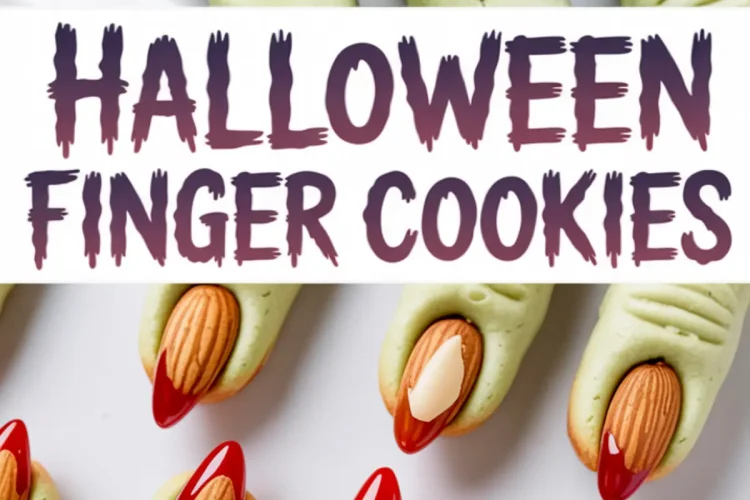 Collage featuring eerie Halloween finger cookies with wrinkled green dough, almond fingernails, and glossy red icing tips, centered around the text “Halloween Finger Cookies.”