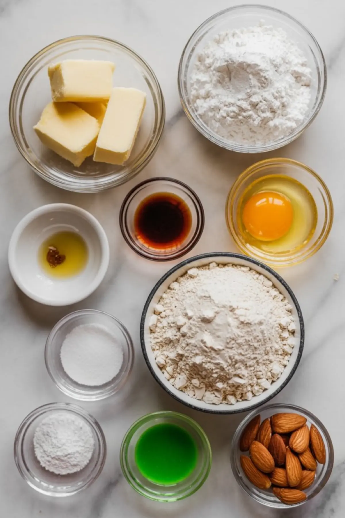 Flat lay of cookie ingredients including butter, powdered sugar, flour, an egg, baking soda, green food coloring, almonds, vanilla extract, and oil, arranged in small bowls on a marble surface.
