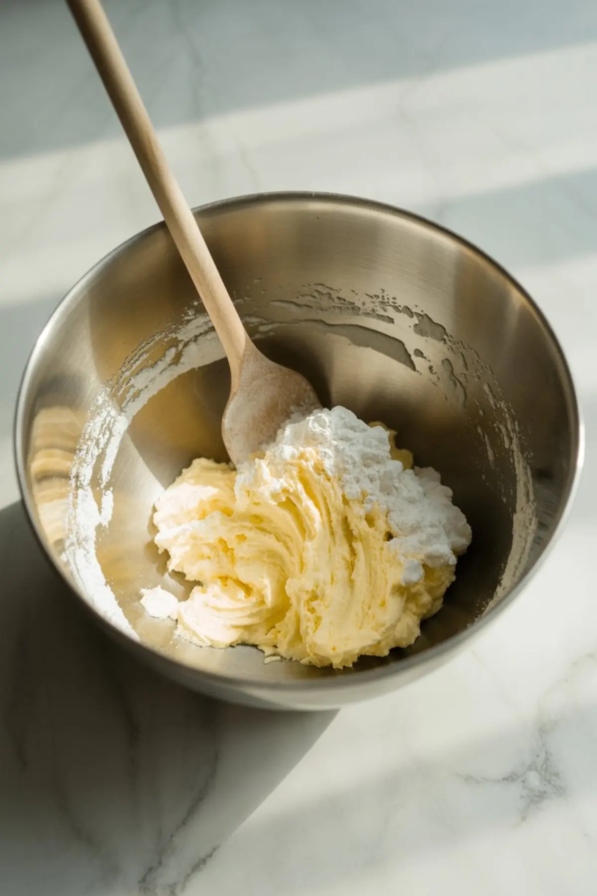 Stainless steel mixing bowl with softened butter and powdered sugar being creamed with a wooden spoon on a marble countertop in natural light.
