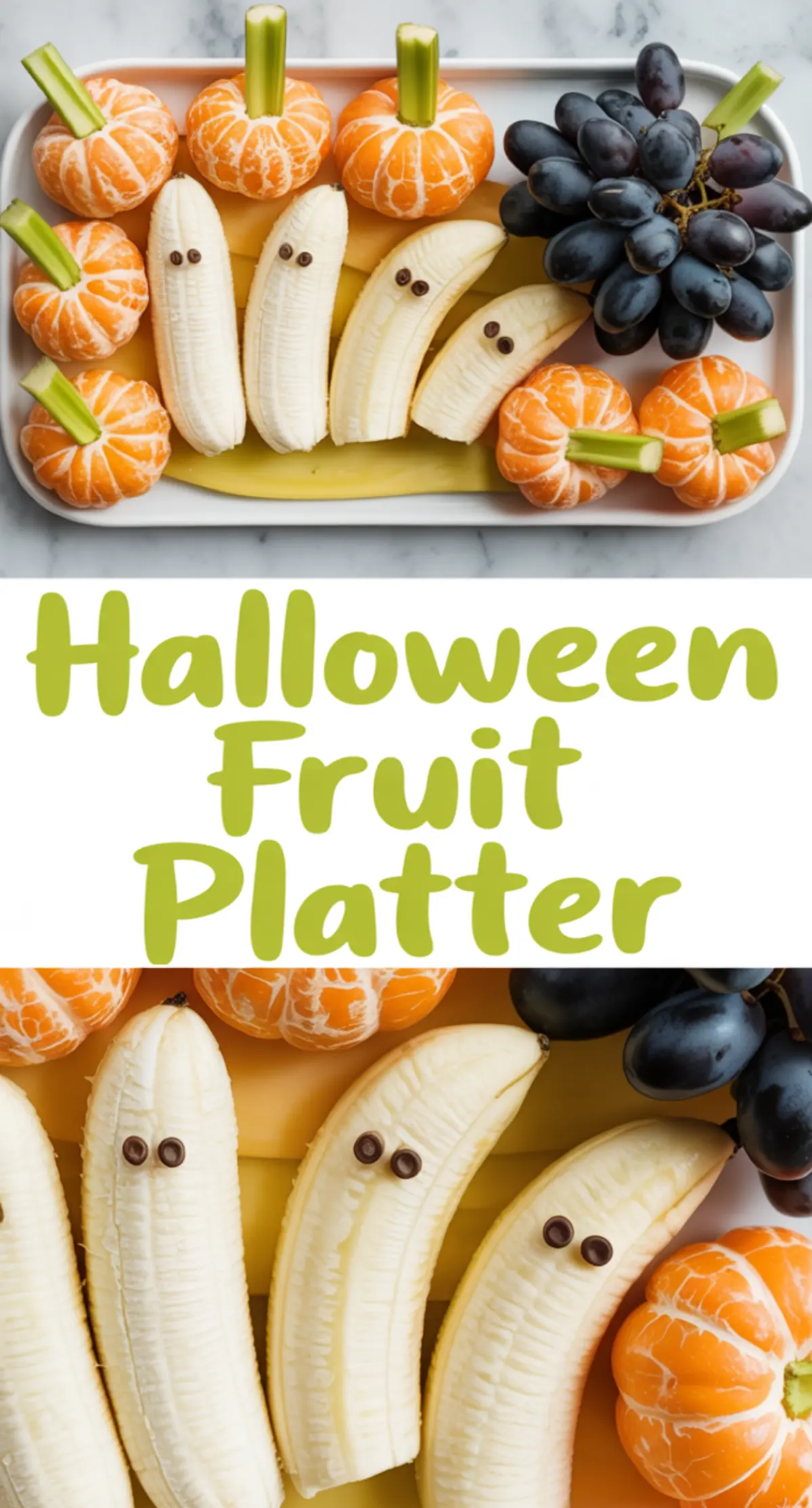 Halloween-themed fruit platter with peeled mandarins shaped into pumpkins using celery, chocolate-decorated banana ghosts, and a bunch of grapes arranged on a white tray with colorful lettering.