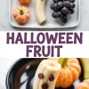Spooky Halloween fruit snack made with a peeled banana decorated as a ghost using chocolate chips, mandarin oranges styled as mini pumpkins with celery sticks, and a grape bunch on a white tray.