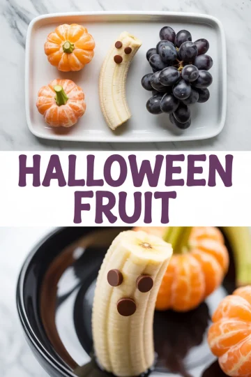 Spooky Halloween fruit snack made with a peeled banana decorated as a ghost using chocolate chips, mandarin oranges styled as mini pumpkins with celery sticks, and a grape bunch on a white tray.