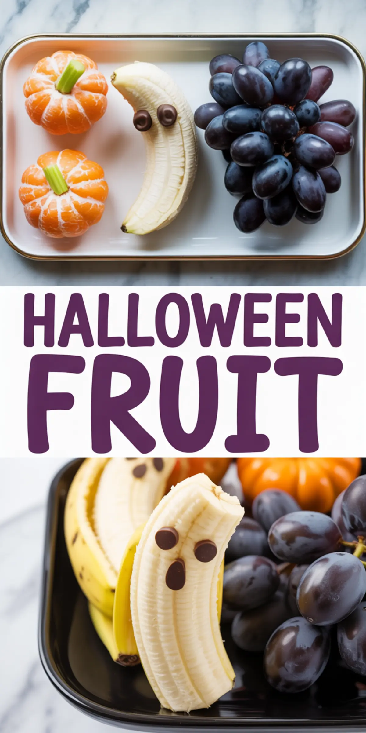 Creative Halloween fruit snack ideas featuring peeled clementines with celery sticks to resemble pumpkins, bananas with chocolate chip eyes as spooky ghosts, and clusters of dark grapes on white trays, all presented with playful Halloween-themed signs.