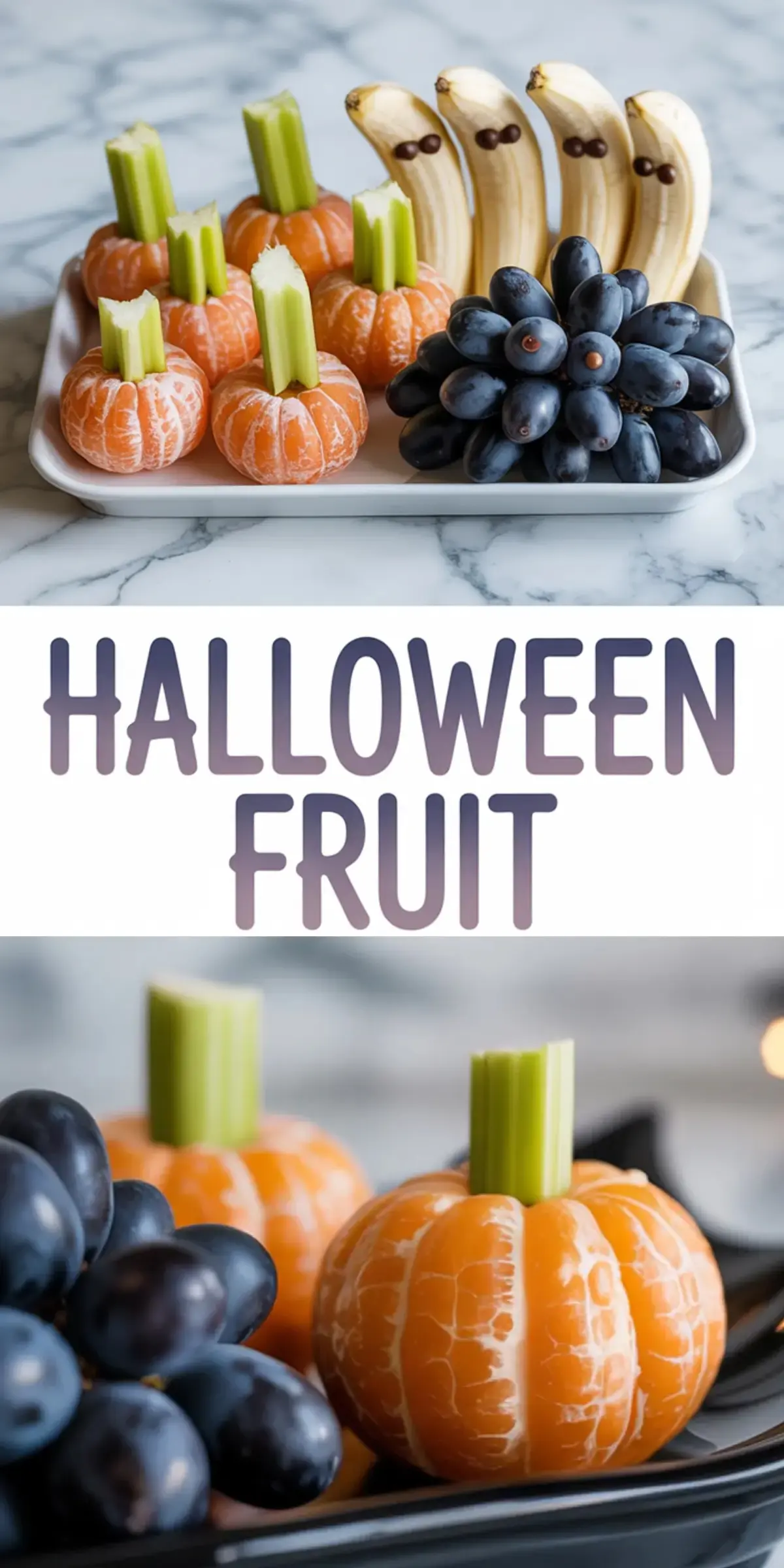 Festive Halloween fruit display with banana ghosts made from chocolate chips, peeled mandarin pumpkins topped with celery stems, and a bunch of black grapes on a white serving platter.