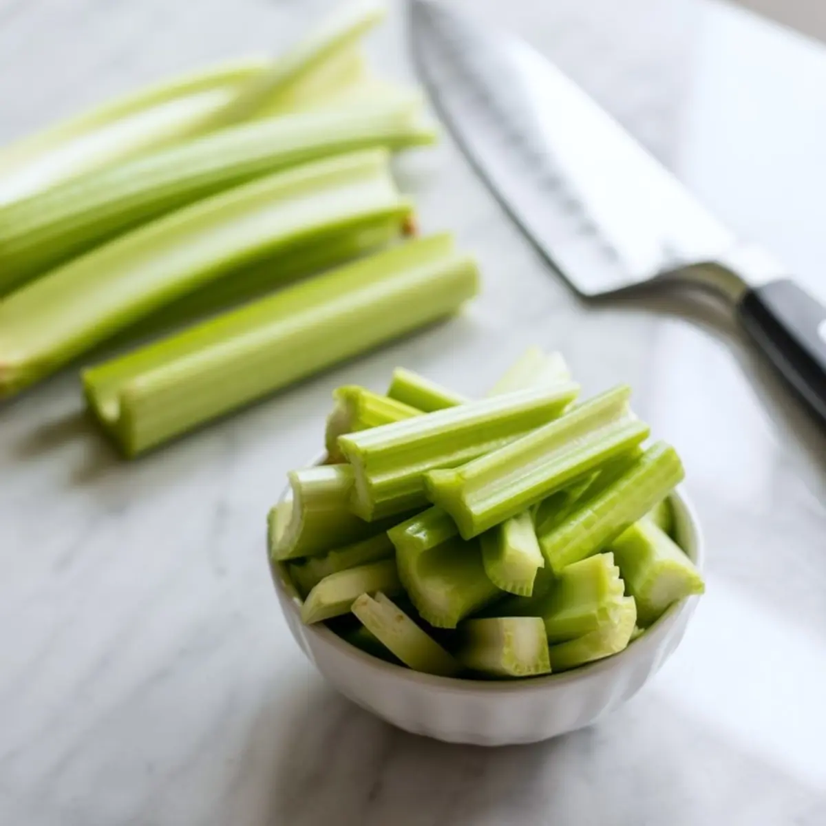 Fresh celery sticks in a white bowl with a chef’s knife and whole celery stalks in the background on a marble surface, ideal for healthy snacks or decorative food prep.