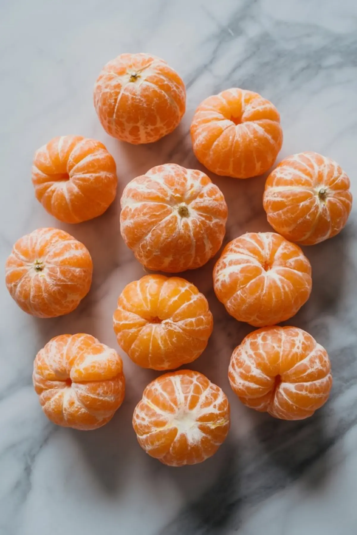A dozen peeled clementines displayed on a white marble surface, showing their vibrant orange color and natural texture, perfect for festive food crafts or healthy treats.