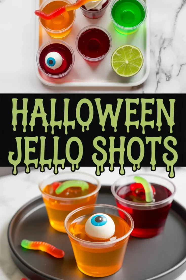 Two-panel collage featuring Halloween Jello shots. The top panel shows six colorful Jello shots garnished with gummy worms, whipped cream, and a candy eyeball, with a halved lime on the side. The bottom panel shows three Jello shots on a black tray, topped with gummy worms and a candy eyeball, under a bold “Halloween Jello Shots” title.
