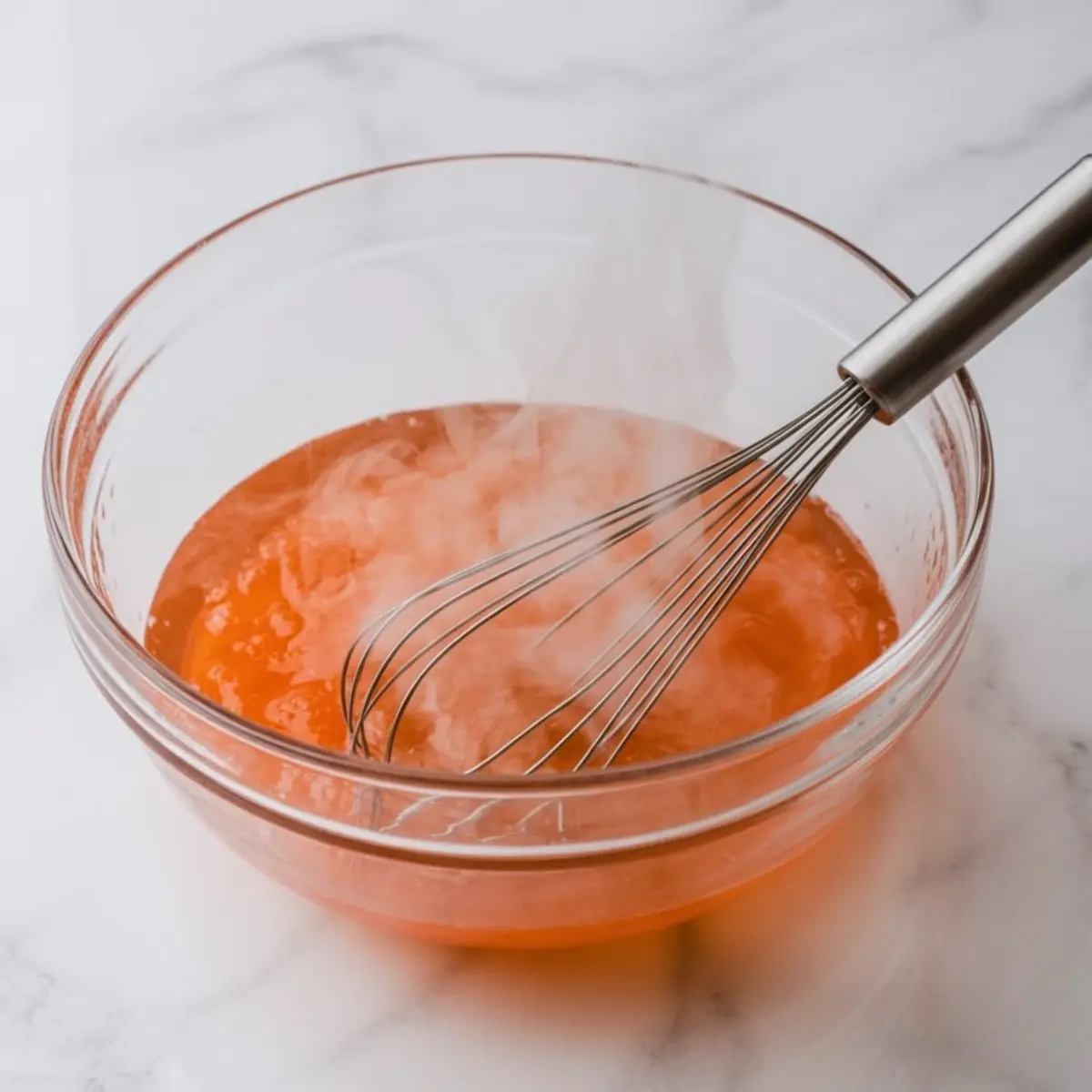 Bright orange gelatin mixture in a glass bowl with steam rising, being stirred with a metal whisk on a marble countertop.