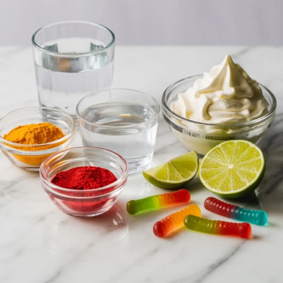 Ingredients for Halloween Jello shots displayed on a marble surface, including clear glasses of water, bowls of whipped cream, red and yellow powder food coloring, halved limes, and colorful gummy worms.