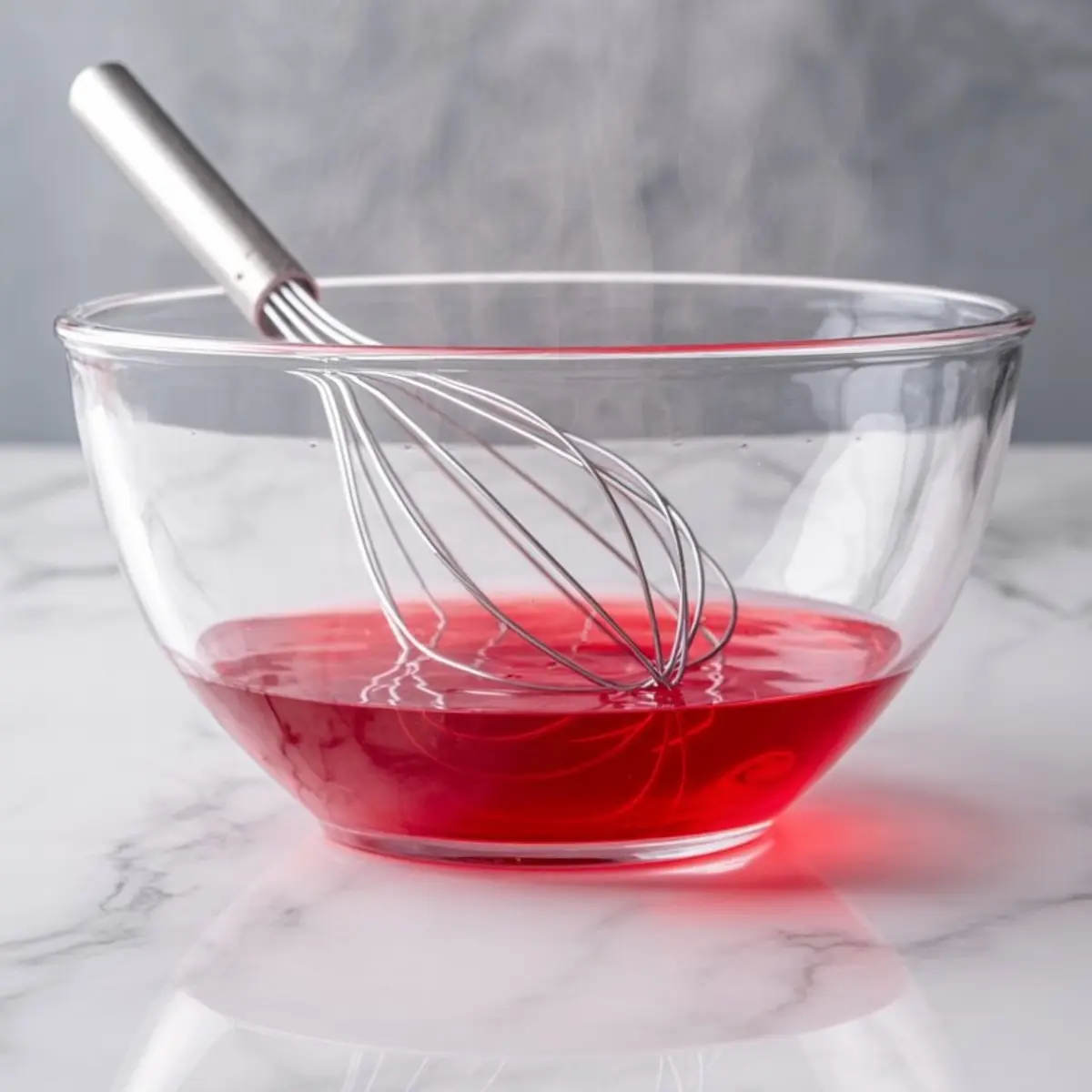 Steaming red gelatin mixture in a clear glass bowl with a stainless steel whisk, set on a marble surface.