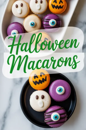 Halloween-themed macarons in ghost, pumpkin, and monster eye designs displayed in white and black dishes with text overlay reading “Halloween Macarons.”