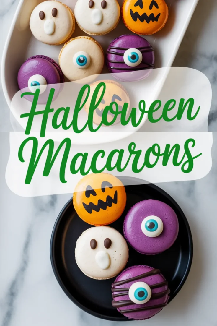 Halloween-themed macarons in ghost, pumpkin, and monster eye designs displayed in white and black dishes with text overlay reading “Halloween Macarons.”