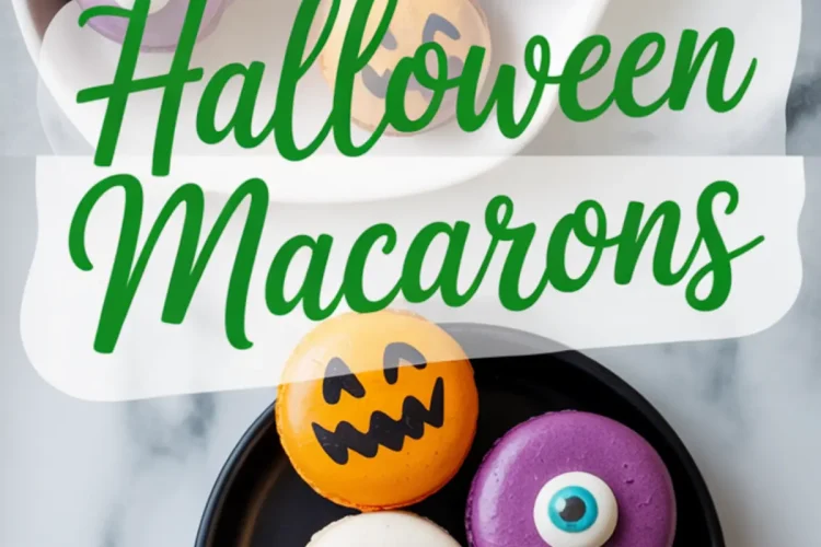 Halloween-themed macarons in ghost, pumpkin, and monster eye designs displayed in white and black dishes with text overlay reading “Halloween Macarons.”