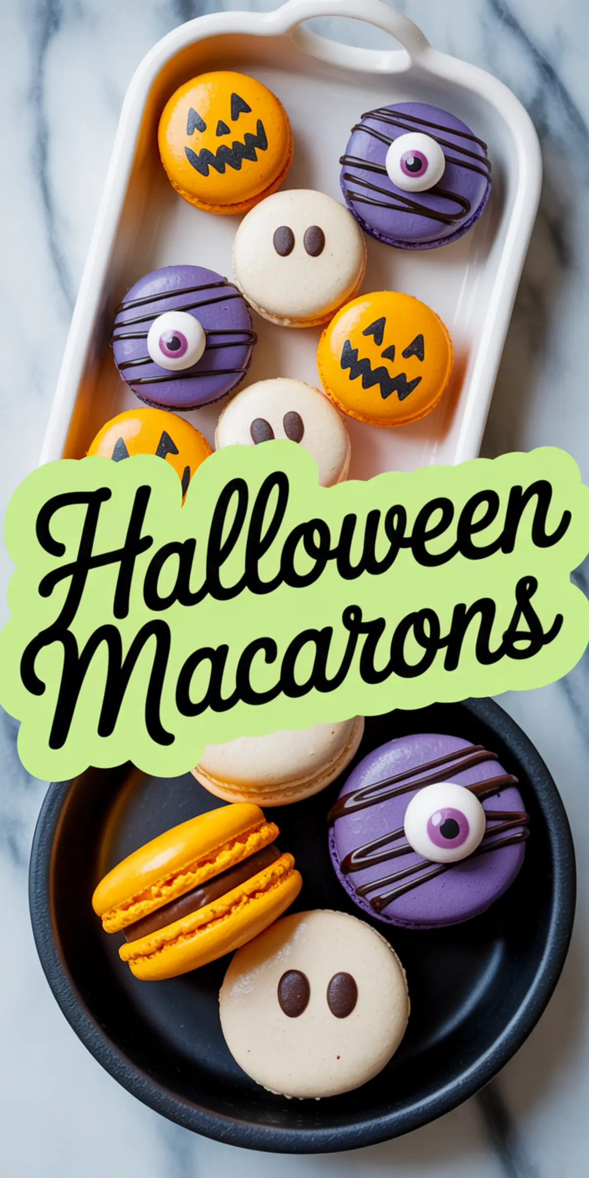 Halloween macarons decorated as jack-o’-lanterns, ghosts, and purple monsters with candy eyeballs shown in white and black dishes with green “Halloween Macarons” text overlay.