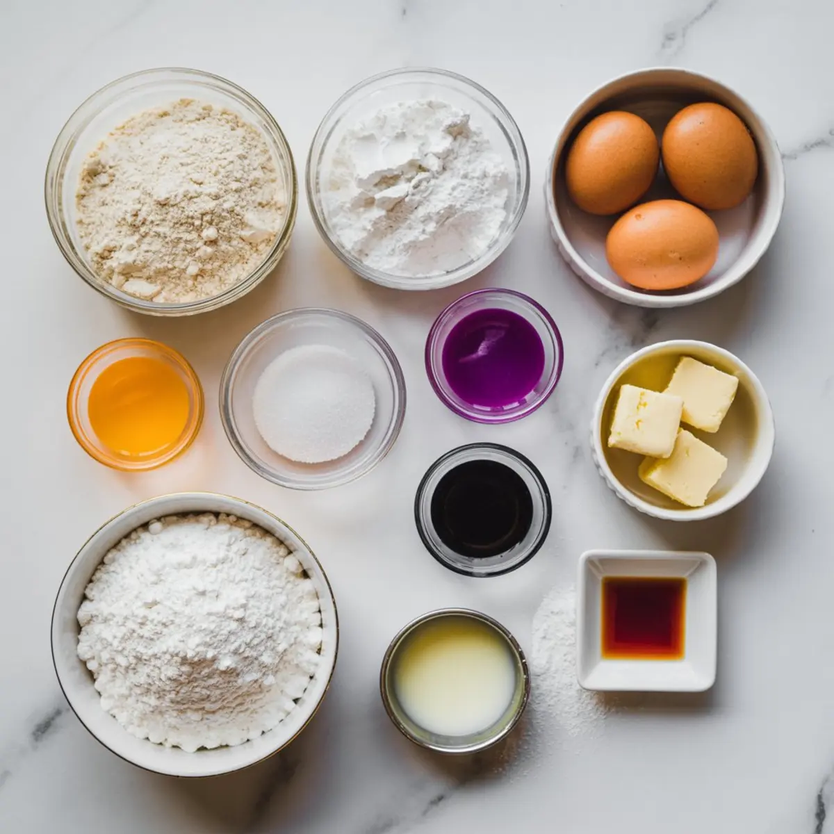Overhead view of macaron ingredients arranged on a marble surface, including almond flour, powdered sugar, granulated sugar, eggs, food coloring, butter, extracts, and lemon juice in small glass bowls.