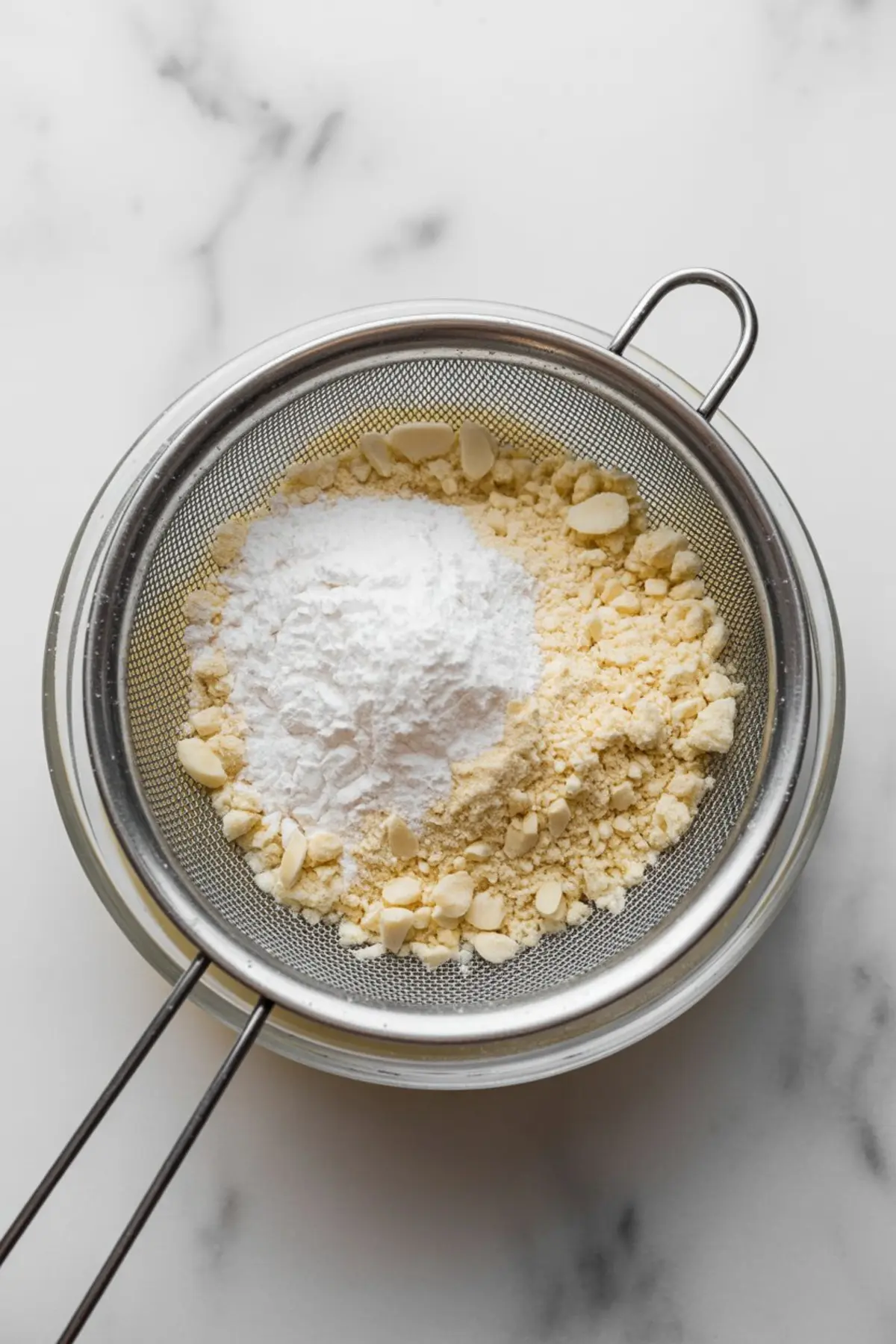 Almond flour and powdered sugar in a fine mesh sieve set over a glass bowl, prepared for sifting on a light marble background.