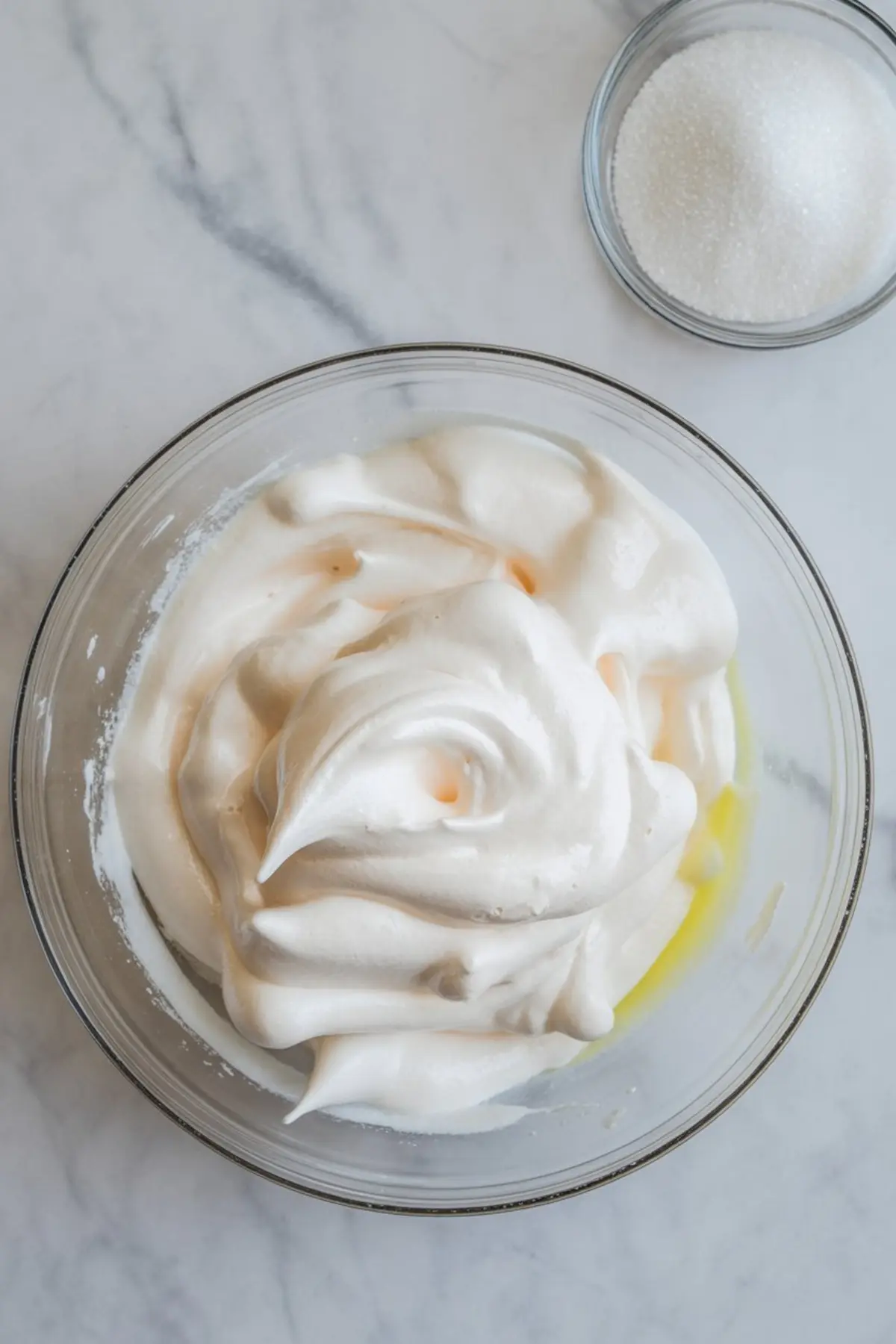 Glossy whipped meringue with stiff peaks in a clear mixing bowl on a marble surface, with a small bowl of granulated sugar beside it.
