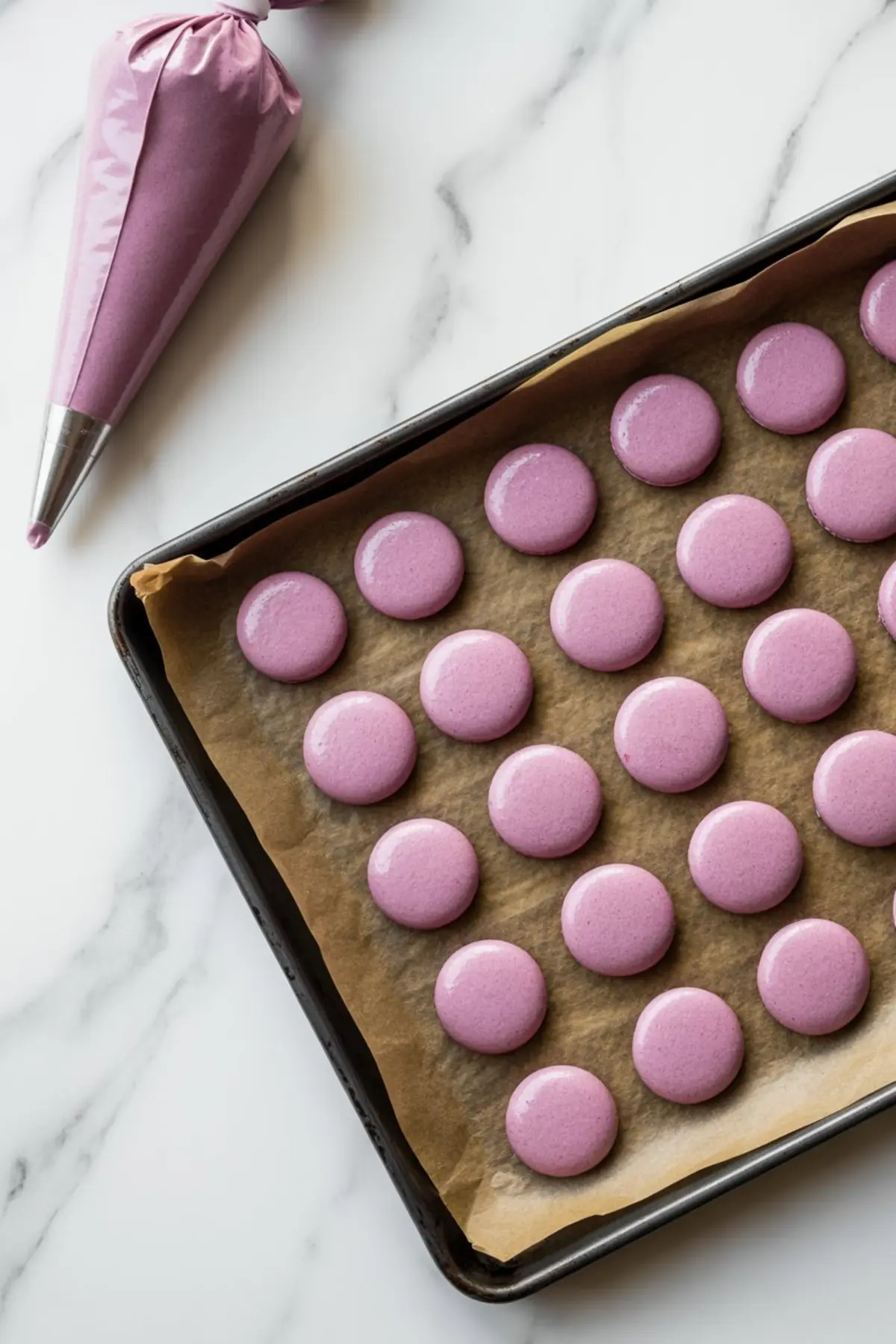 Piping bag filled with purple macaron batter next to a baking tray lined with parchment and neatly piped round purple macaron shells.