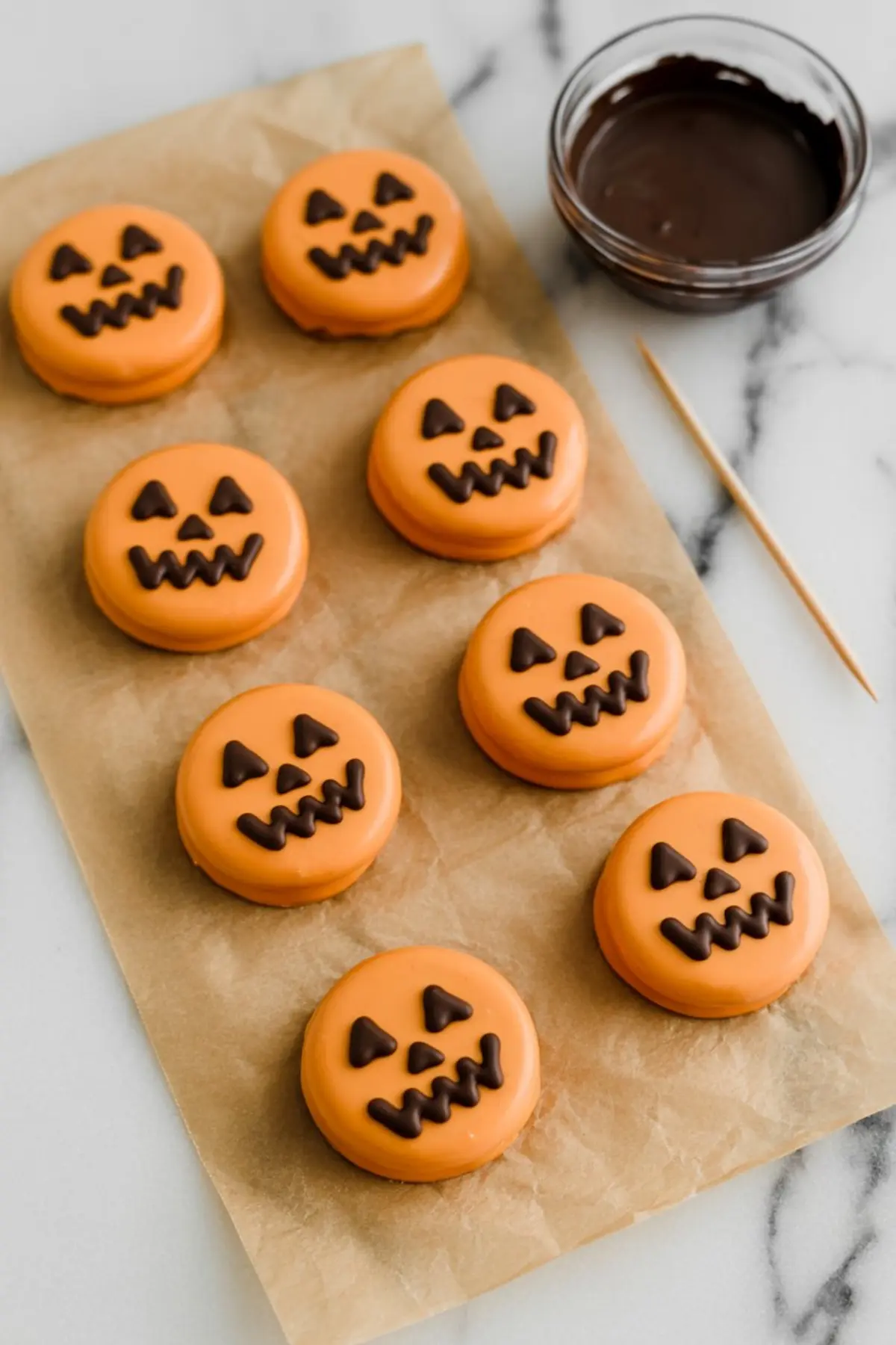 Homemade Halloween Oreo cookies decorated with orange candy melts and black jack-o’-lantern faces, arranged on parchment paper next to a bowl of melted chocolate and a toothpick.