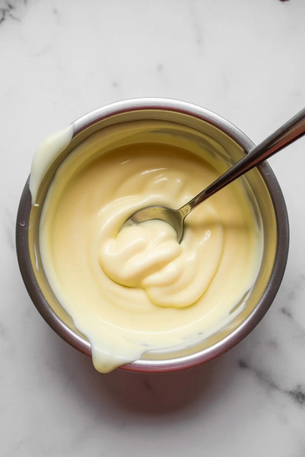 Close-up of a metal bowl filled with smooth, melted white chocolate or candy coating, with a spoon inside, on a white marble countertop.
