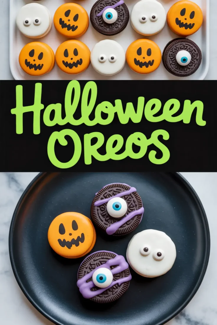 Collage featuring assorted Halloween-themed Oreo cookies decorated as pumpkins, mummies, and monsters with candy eyeballs and colorful candy melts, along with bold green “Halloween Oreos” text and a black plate displaying decorated cookies.