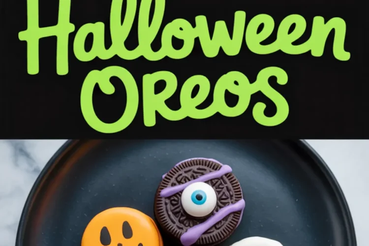 Collage featuring assorted Halloween-themed Oreo cookies decorated as pumpkins, mummies, and monsters with candy eyeballs and colorful candy melts, along with bold green “Halloween Oreos” text and a black plate displaying decorated cookies.