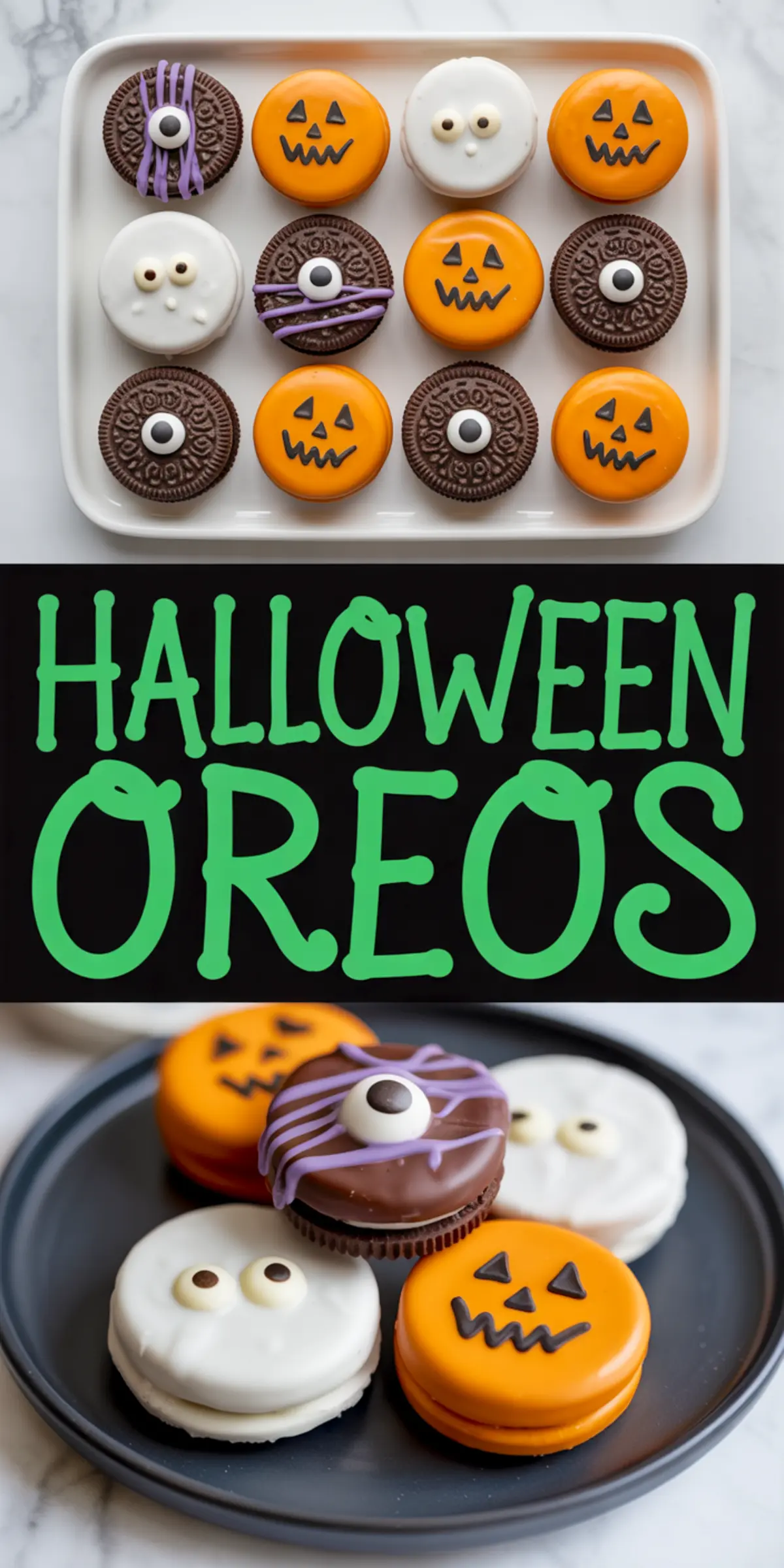 Collage of Halloween Oreo cookies styled as jack-o’-lanterns, mummies, and monsters using orange, white, and purple candy melts with candy eyes, presented on a white tray and black plate, with “Halloween Oreos” text in bright green.