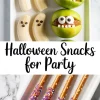 Vertical collage with Halloween-themed snacks, showing banana ghosts, green apple monster faces with candy eyes and peanut butter, and pretzel rods coated in purple chocolate and sprinkles. Center text reads “Halloween Snacks for Party.”