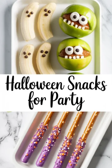 Vertical collage with Halloween-themed snacks, showing banana ghosts, green apple monster faces with candy eyes and peanut butter, and pretzel rods coated in purple chocolate and sprinkles. Center text reads “Halloween Snacks for Party.”