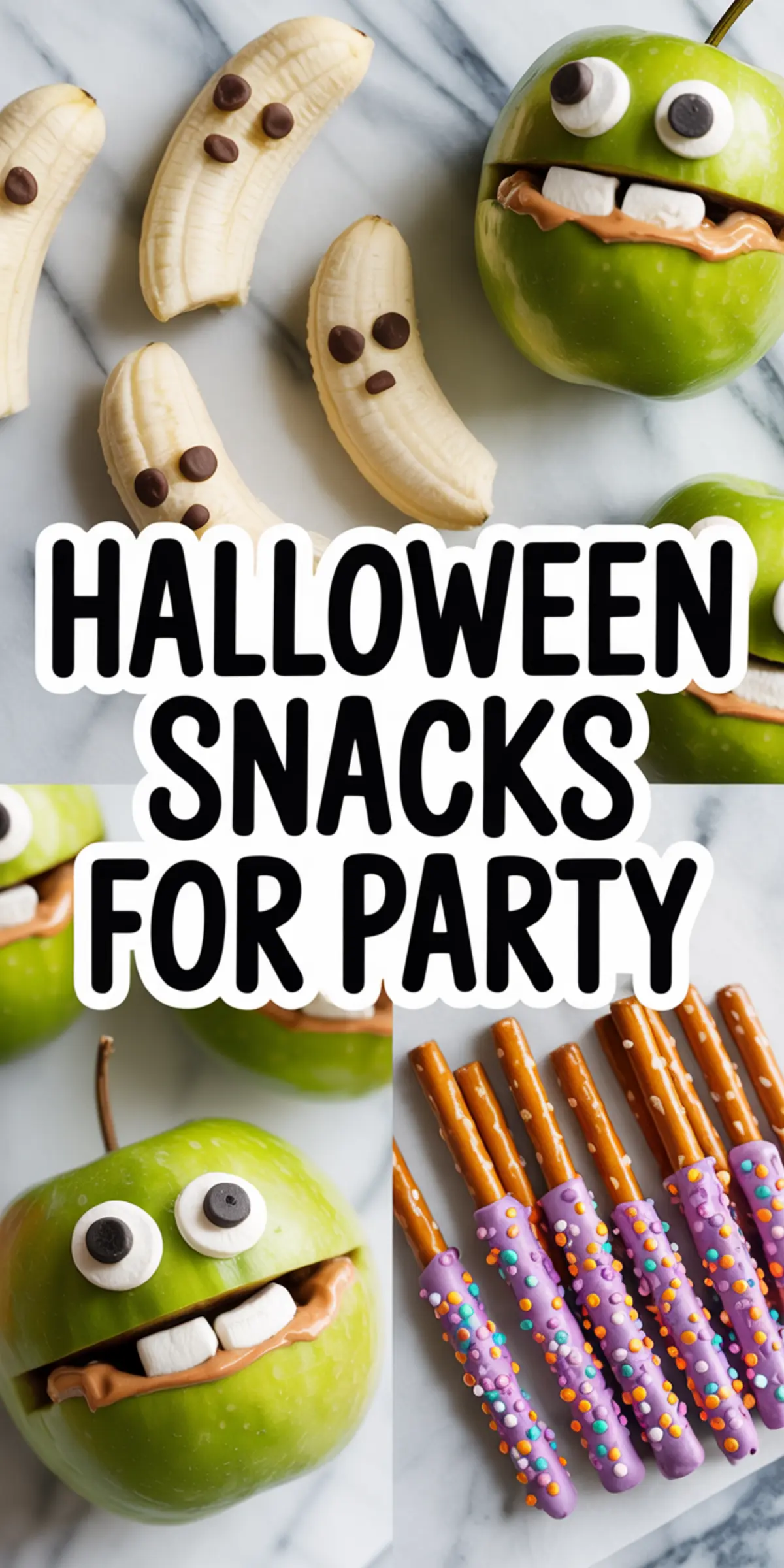 Collage of Halloween party treats featuring banana ghosts with chocolate chip eyes, green apple monster faces with peanut butter and marshmallow teeth, and pretzel sticks dipped in purple candy coating with colorful sprinkles. Text overlay says “Halloween Snacks For Party.”