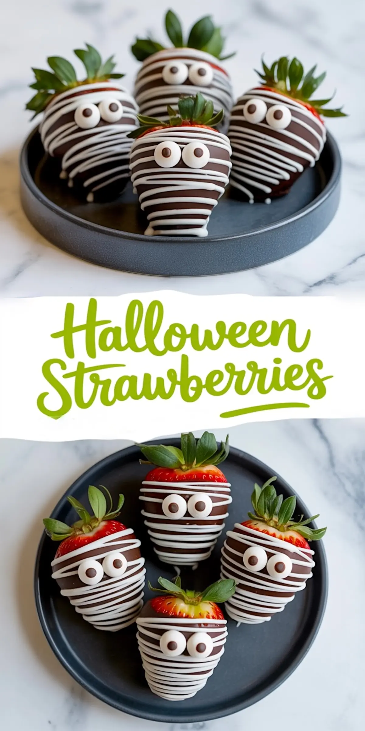 Halloween-themed chocolate-covered strawberries decorated with white chocolate drizzle and candy eyes to resemble mummies, displayed on a dark round plate with the text “Halloween Strawberries” in the center.