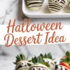 Fun Halloween dessert idea featuring chocolate-covered strawberries decorated like mummies with white chocolate drizzle and candy eyes, served on ceramic plates with a “Halloween Dessert Idea” caption.